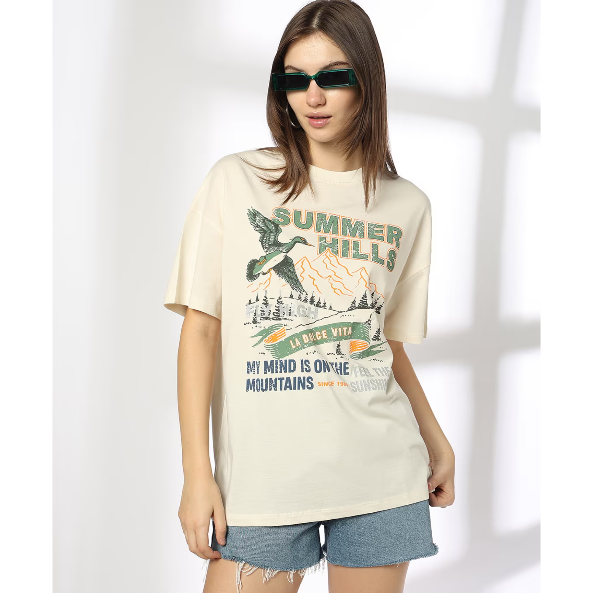 DNMX Women Graphic Print Oversized Round-Neck T-Sh...